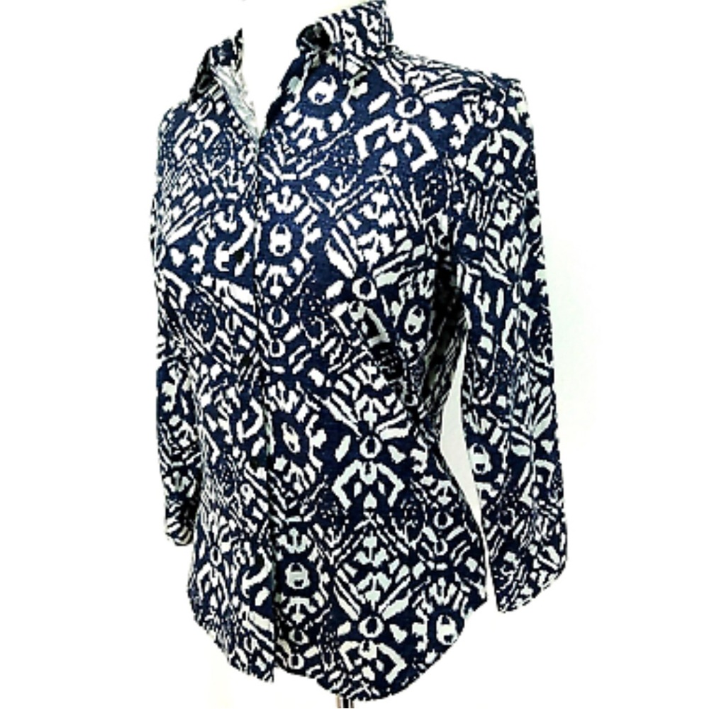 Lauren Ralph Lauren No-Iron Button Down Blouse Blue Ikat Print Sz XXS